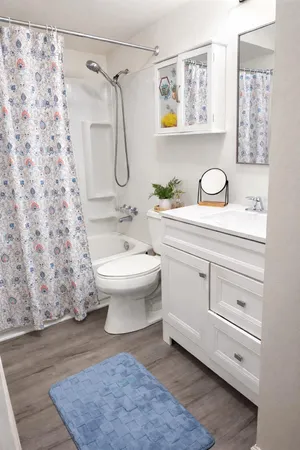 a bathroom with a sink toilet and shower