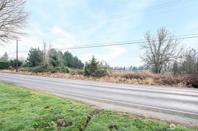 a view of a yard and road from a window