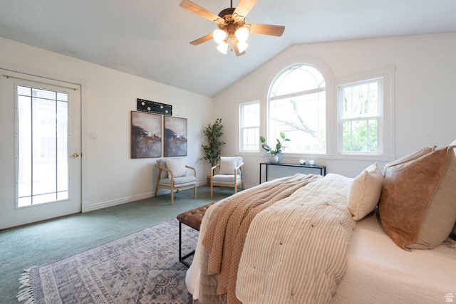 875 East 1300th Street North Mapleton, UT 84664 - Photo 28 of 65 Bedroom featuring carpet floors, multiple windows, lofted ceiling, access to exterior, and a ceiling fan