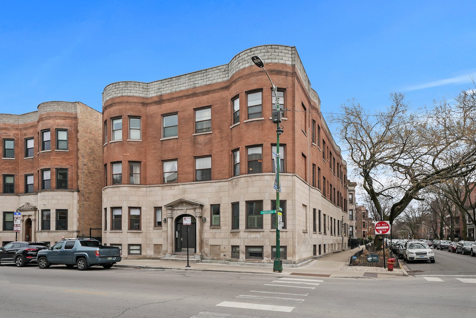 a large building with a street