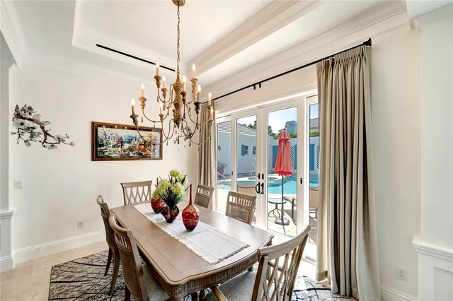 a view of a dining room with furniture wooden floor and a chandelier