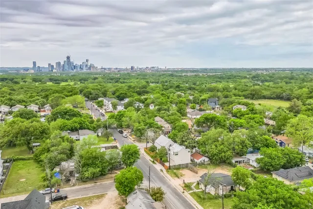 a view of a city with lush green forest