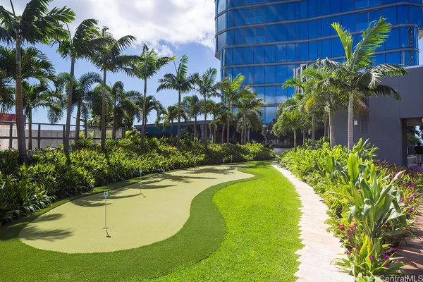 a swimming pool with plants