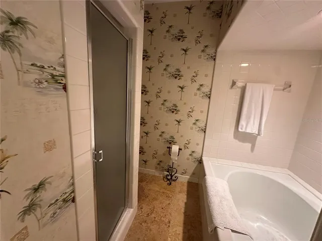 a bathroom with a bathtub and shower