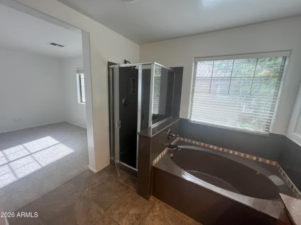 a bathroom with a bathtub and a shower