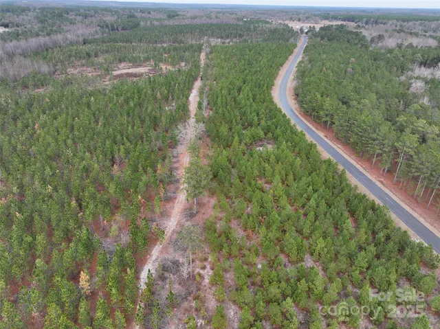 a view of a field with a lush green forest