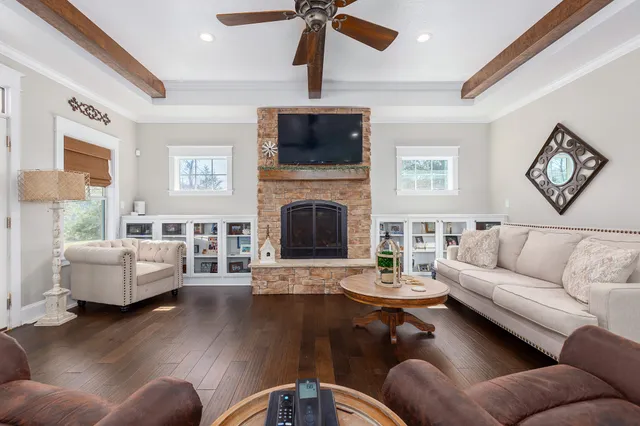 a living room with fireplace furniture and a flat screen tv