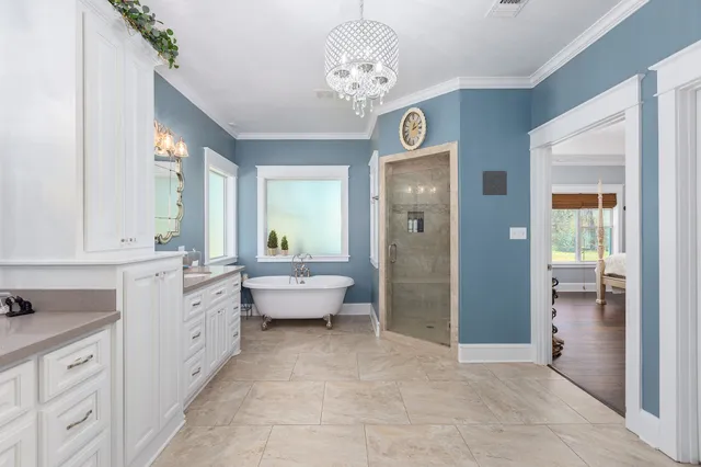 a large bathroom with a granite countertop tub a double vanity sink a mirror and a shower