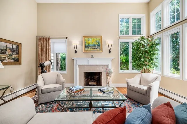 a living room with furniture and a fireplace