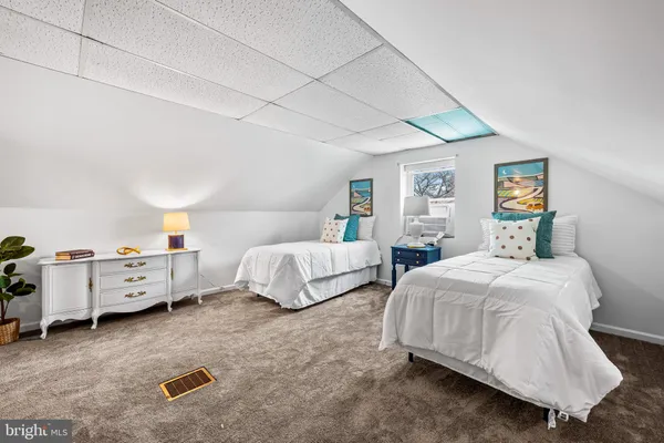 a bedroom with two beds and painted room