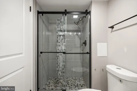 a bathroom with a shower and toilet