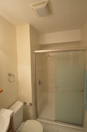 a bathroom with a shower and a toilet