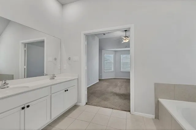 a bathroom with a tub sink and mirror