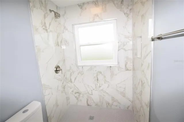 a bathroom with a shower curtain and a toilet