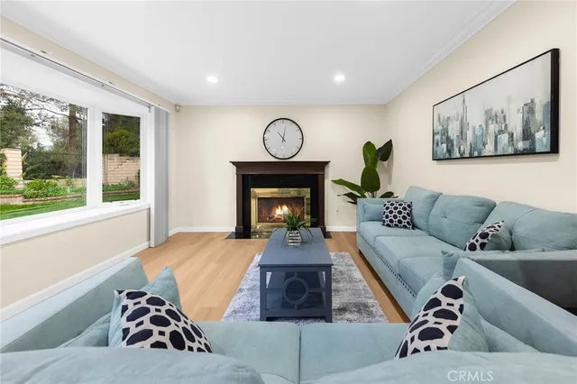 a living room with furniture a window and a fireplace