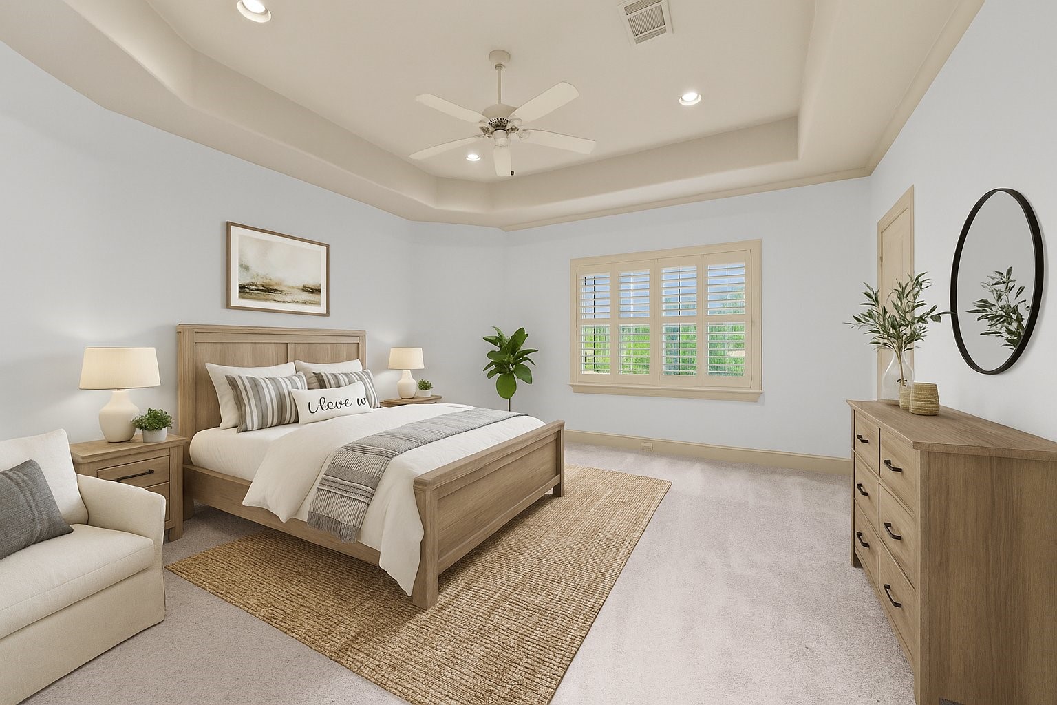 16610 Champagne Falls Court Spring, TX 77379 - Photo 39 of 50 Secondary Bedroom with recently installed carpet, plantation shutters, tray ceiling w/fan, walk in closet, ensuite bathroom - virtually staged for your designing ideas.