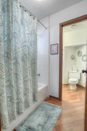 a bathroom with a shower and a toilet