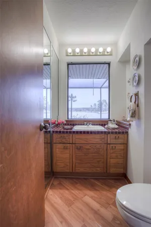 a bathroom with a sink vanity mirror and toilet