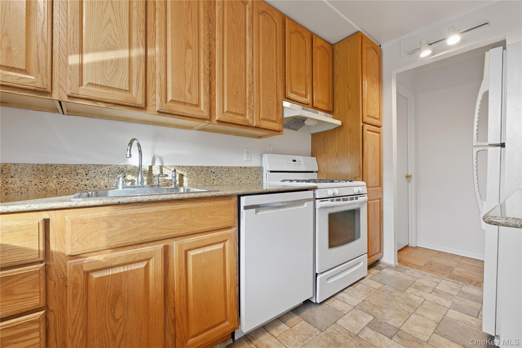 100 Clinton Avenue, Unit 2J Mineola, NY 11501 - Photo 5 of 24 a kitchen with stainless steel appliances granite countertop a stove a sink and a refrigerator with white cabinets