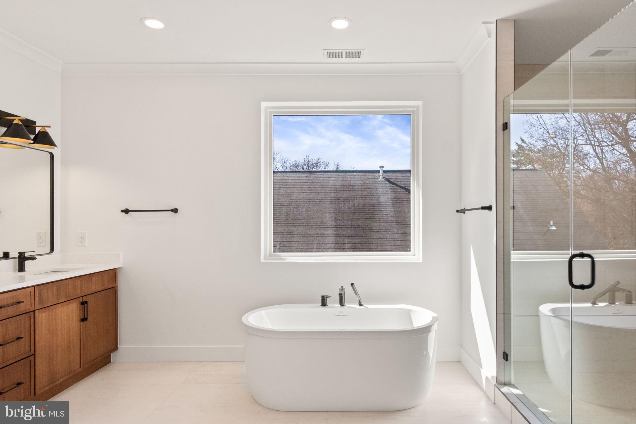 4017 Woodland Road Annandale, VA 22003 - Photo 42 of 76 a bathroom with a double vanity sink a mirror and a bathtub