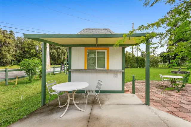 a view of a park with large trees