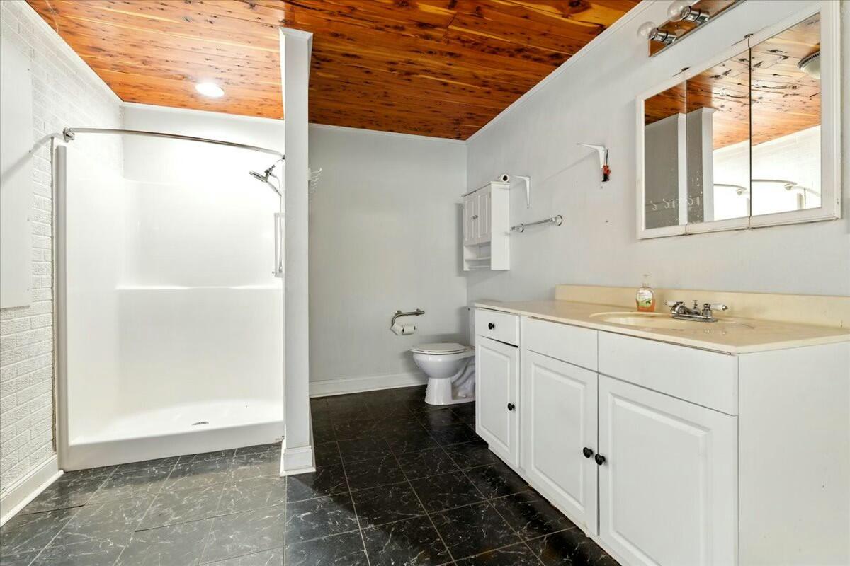 2351 Reese Mountain Road Elliston, VA 24087 - Photo 20 of 57 a bathroom with a granite countertop sink a toilet and shower
