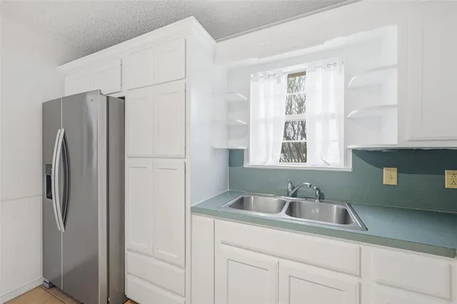 a kitchen with a refrigerator and a sink