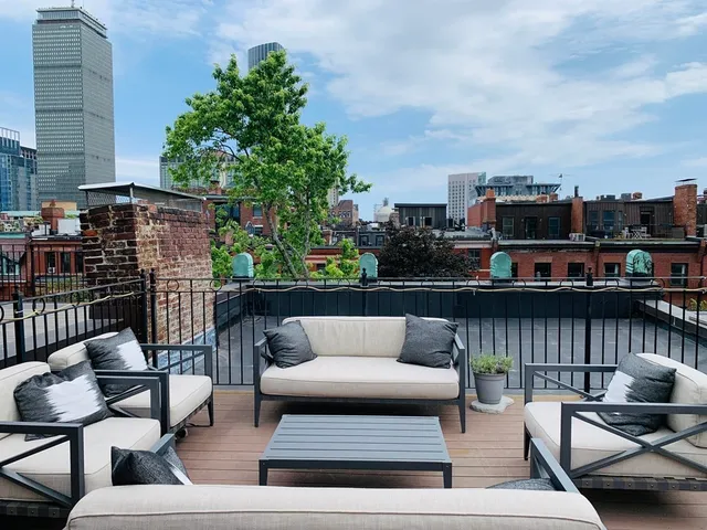 a view of a terrace with couches and a potted plant on a table
