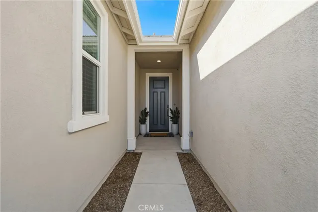 a hallway with potted plants in front of door