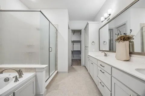a bathroom with a double vanity sink a mirror and a shower