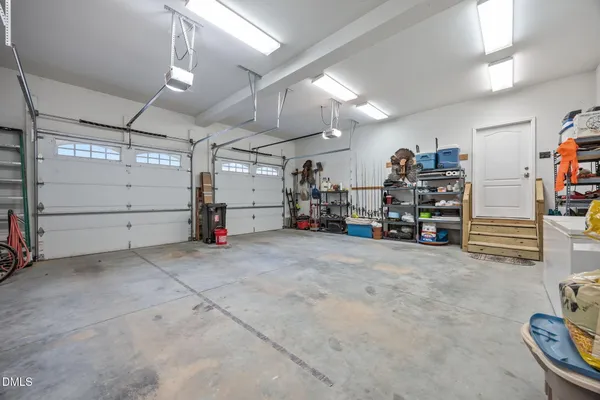 a view of a garage with storage
