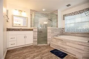 a bathroom with a granite countertop sink mirror and a shower