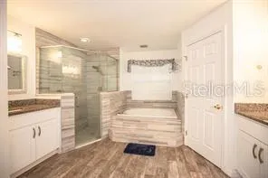 a bathroom with a granite countertop sink and a shower
