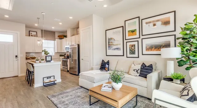 a living room with furniture potted plant and a large window