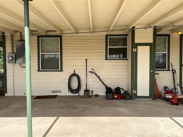 a view of backyard with large tree and wooden fence