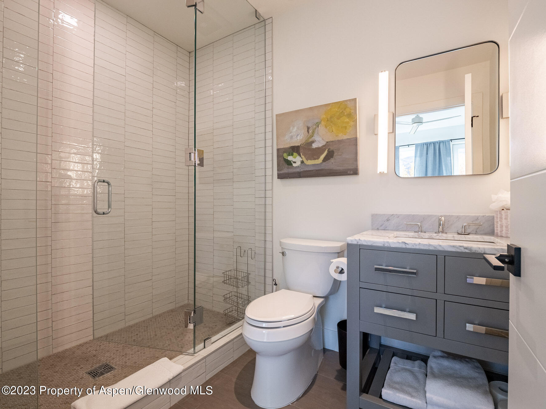 22858 Two Rivers Road Basalt, CO 81621 - Photo 2 of 40 a bathroom with a toilet a sink a mirror a vanity and shower