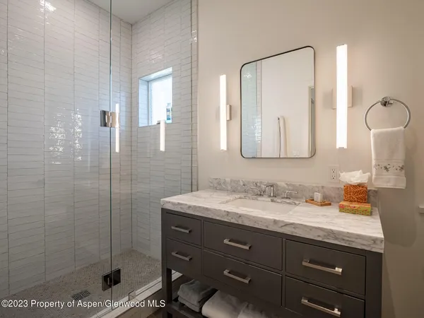 a bathroom with a sink a mirror a glass door a shower and vanity