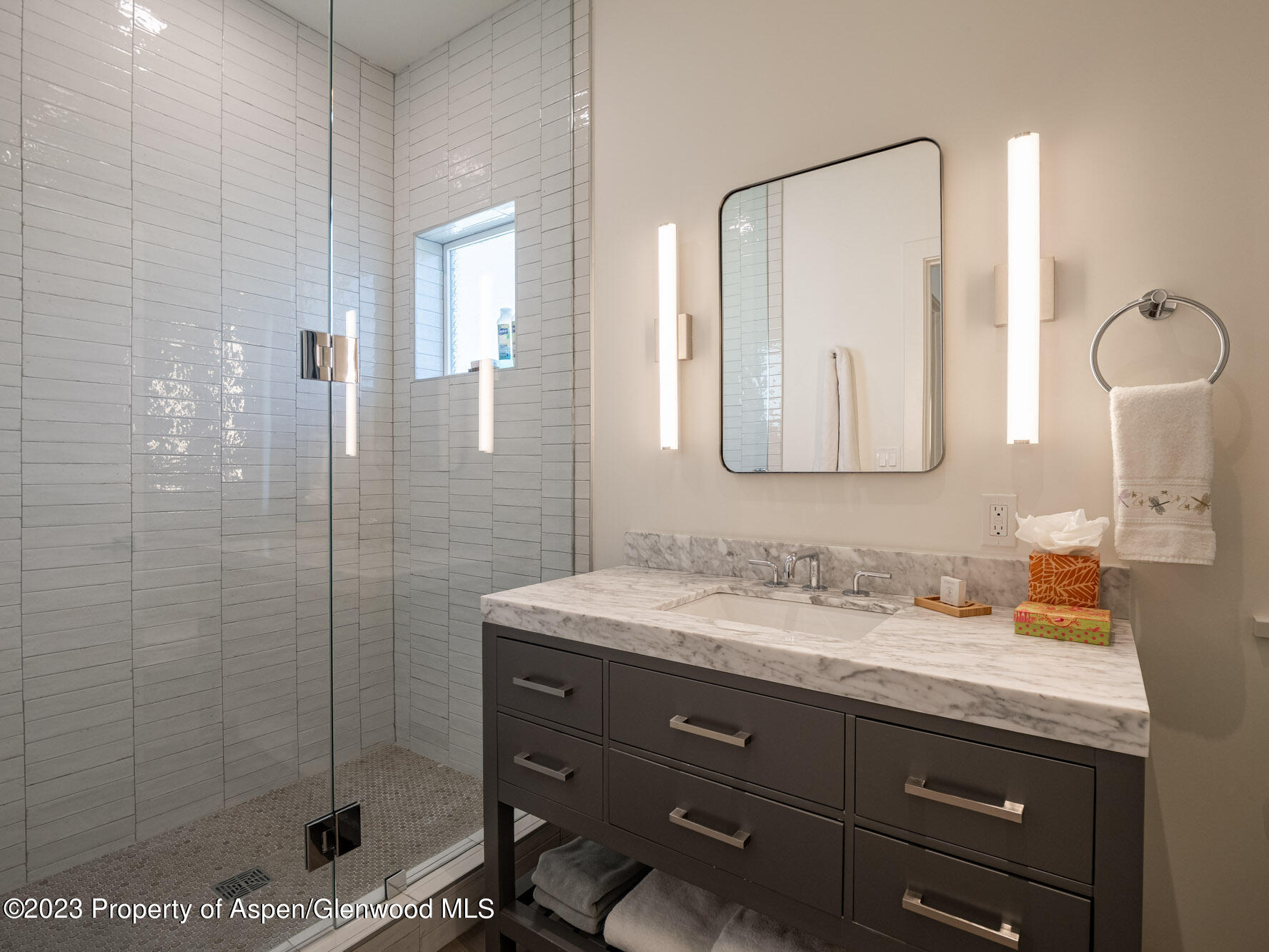 22858 Two Rivers Road Basalt, CO 81621 - Photo 21 of 40 a bathroom with a sink a mirror a glass door a shower and vanity