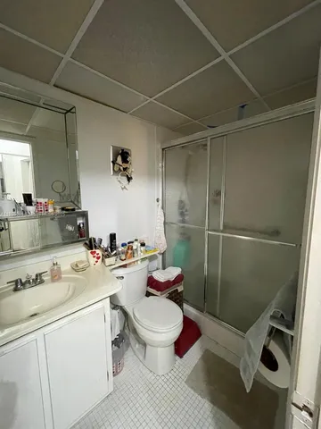 a bathroom with a sink toilet vanity and shower