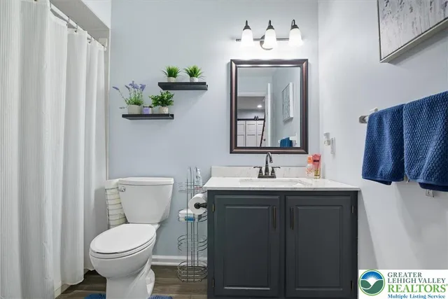 a bathroom with a toilet sink and mirror
