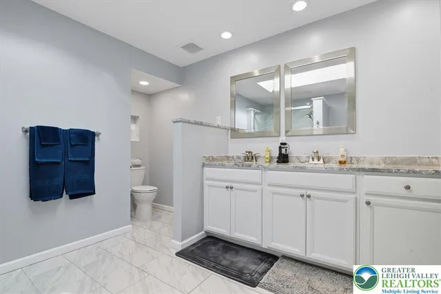 a bathroom with a sink a toilet and mirror