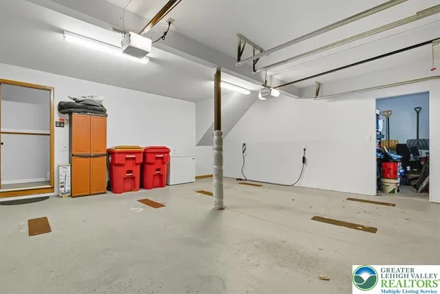 a view of a garage with storage