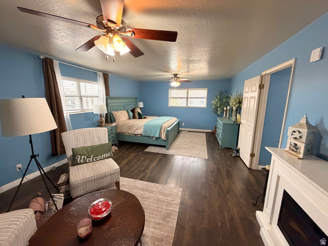 110 South 200 East Springville, UT 84663 - Photo 16 of 23 Bedroom with dark wood-style flooring, a textured ceiling, and a ceiling fan