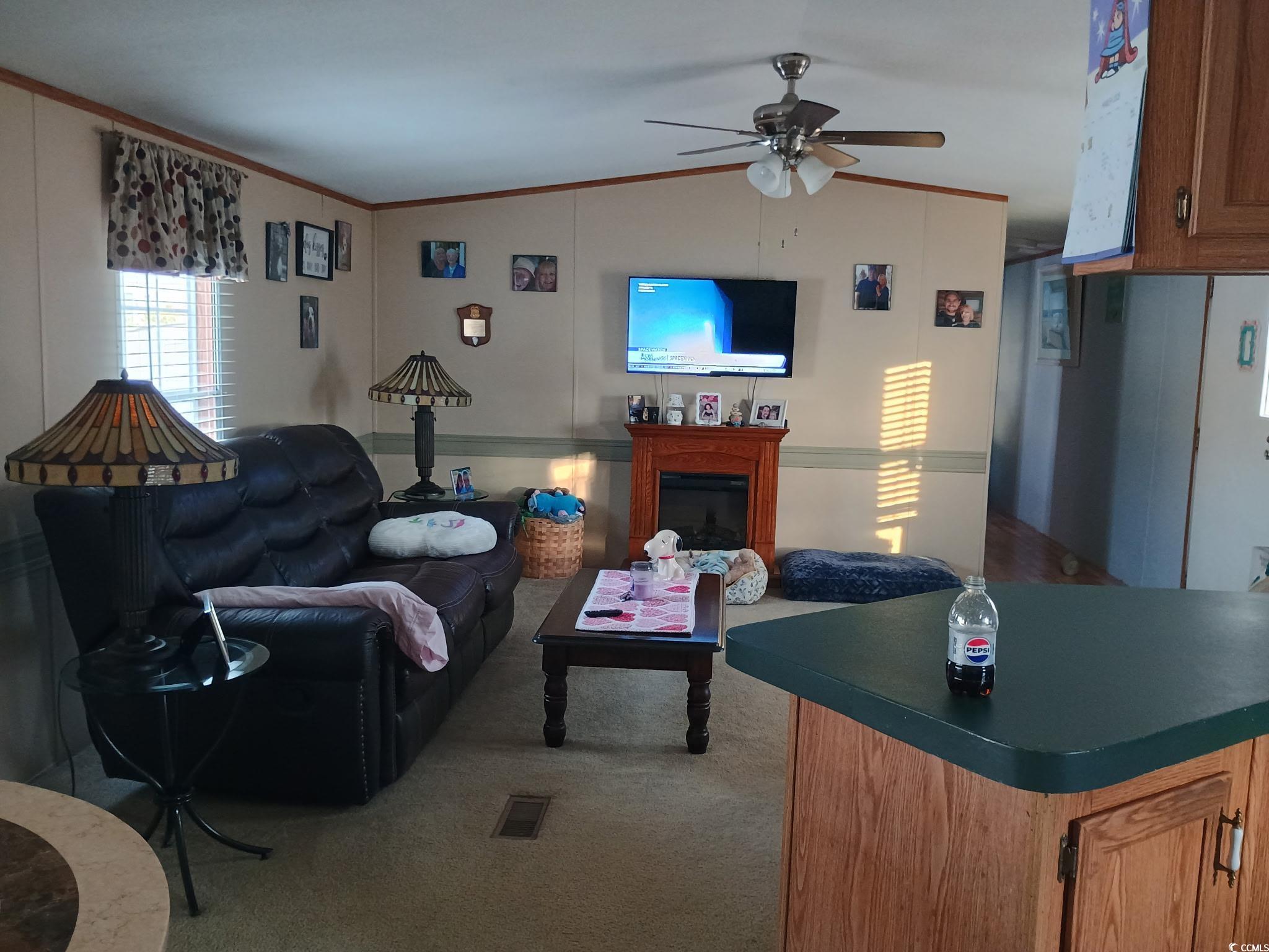 1049 Colonial Lane Conway, SC 29526 - Photo 5 of 27 Living area featuring light carpet, a glass covered fireplace, ornamental molding, vaulted ceiling, and ceiling fan