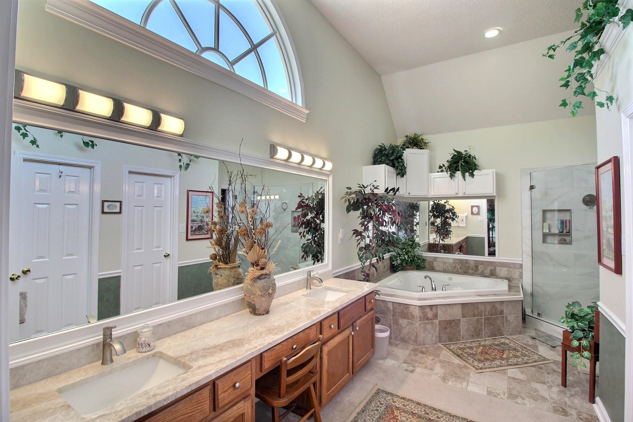 798 Early Earner Cove Collierville, TN 38017 - Photo 15 of 26 a bathroom with a granite countertop sink a large mirror and a bathtub