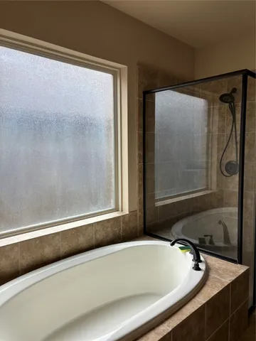 a bathroom with a bathtub and a shower
