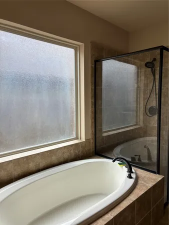 a bathroom with a bathtub and a shower