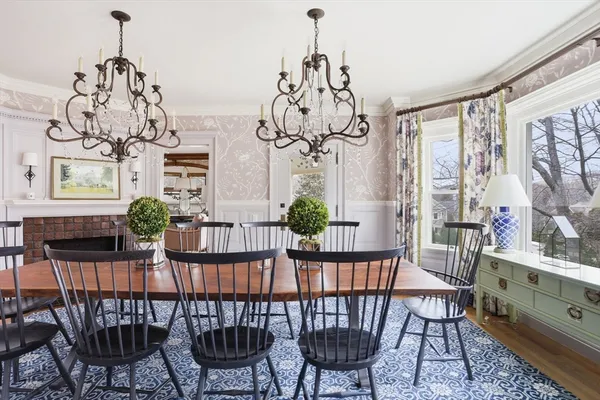 a view of a dining room with furniture window and outside view
