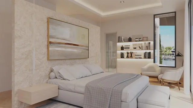 a living room with furniture and large windows