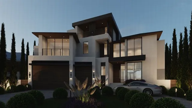 a view of a building with swimming pool and furniture